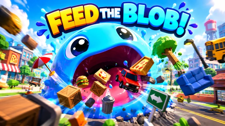 Official FEED THE BLOB! promotional artwork: a giant blue Blob surrounded by food and objects in a colorful city.